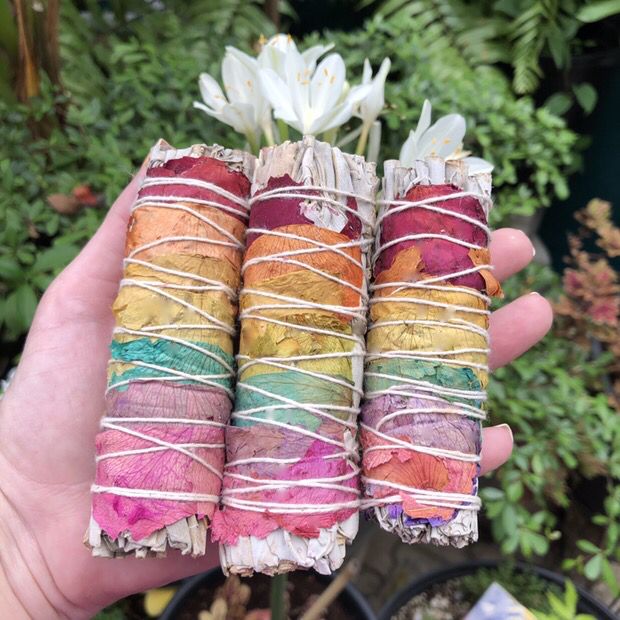 SAGE - WHITE SAGE &amp; CHAKRA ROSE PETALS - 4” Bundle