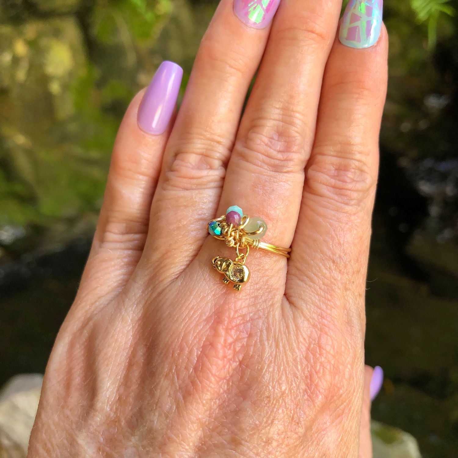Elephant Charm Crystal Therapy Ring – Adjustable Gold Plated