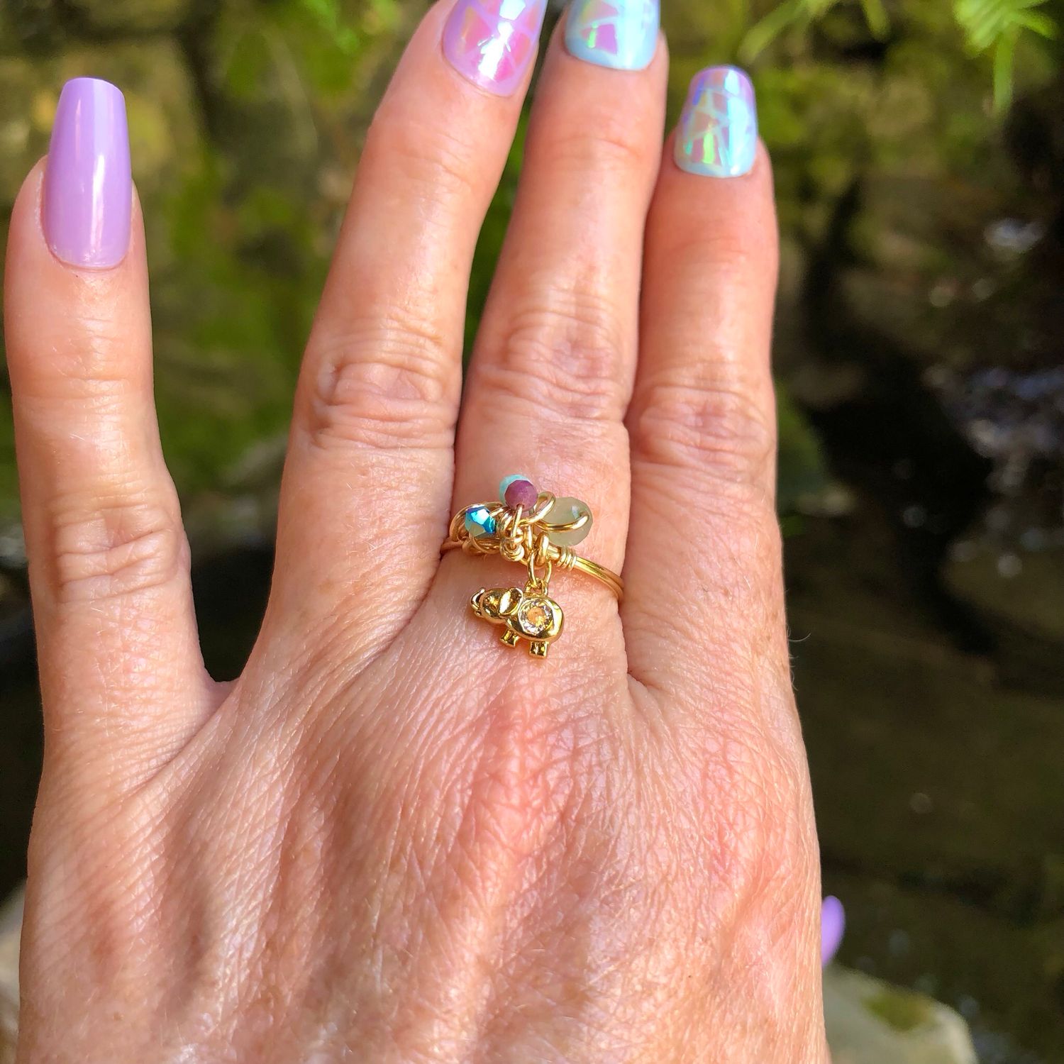 Elephant Charm Crystal Therapy Ring – Adjustable Gold Plated