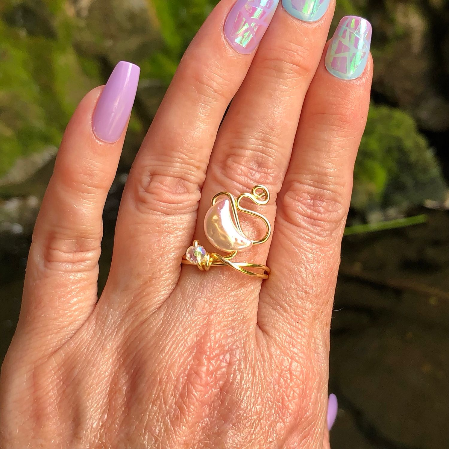 PINK CRESCENT MOON - Adjustable Ring - Gold Plated