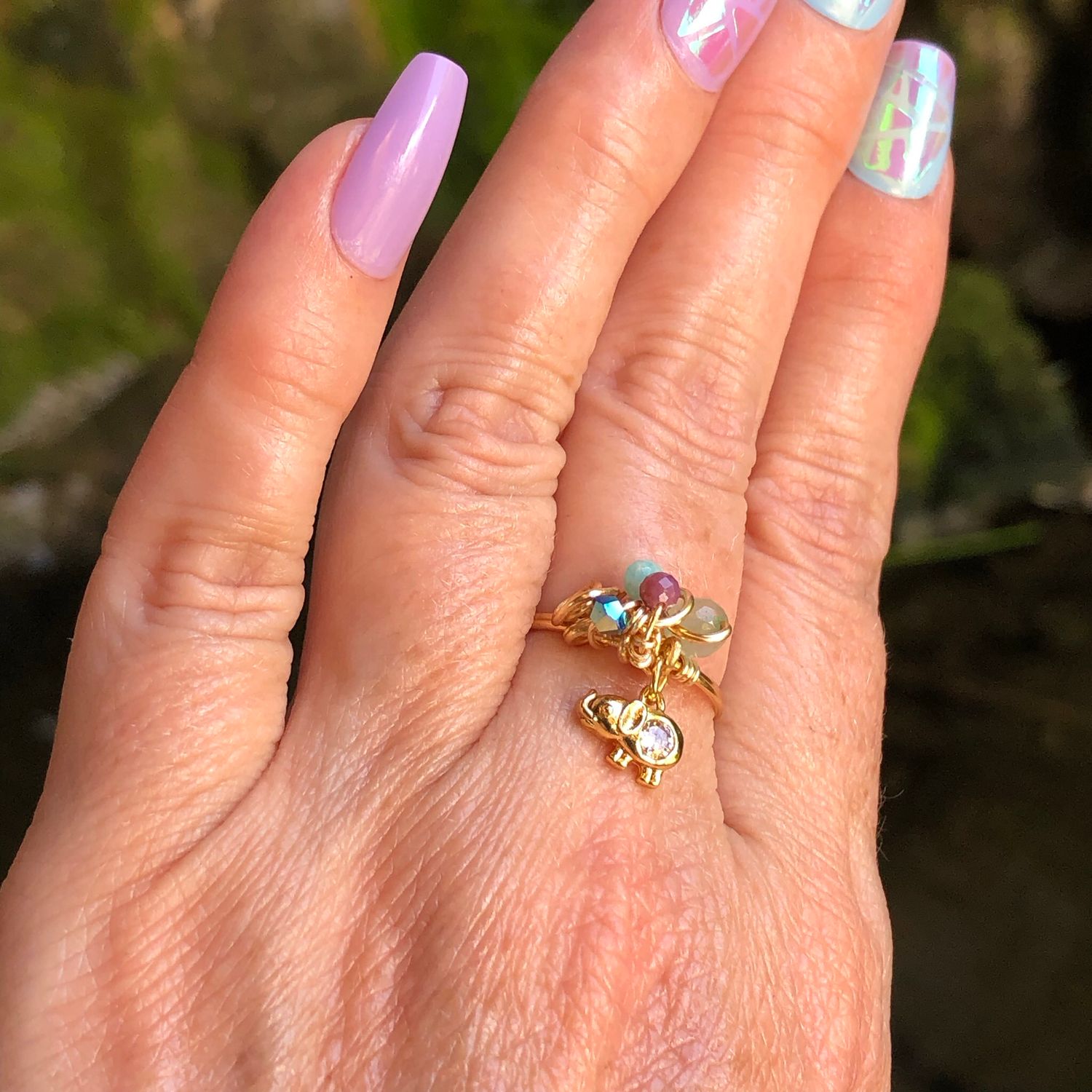 Elephant Charm Crystal Therapy Ring – Adjustable Gold Plated