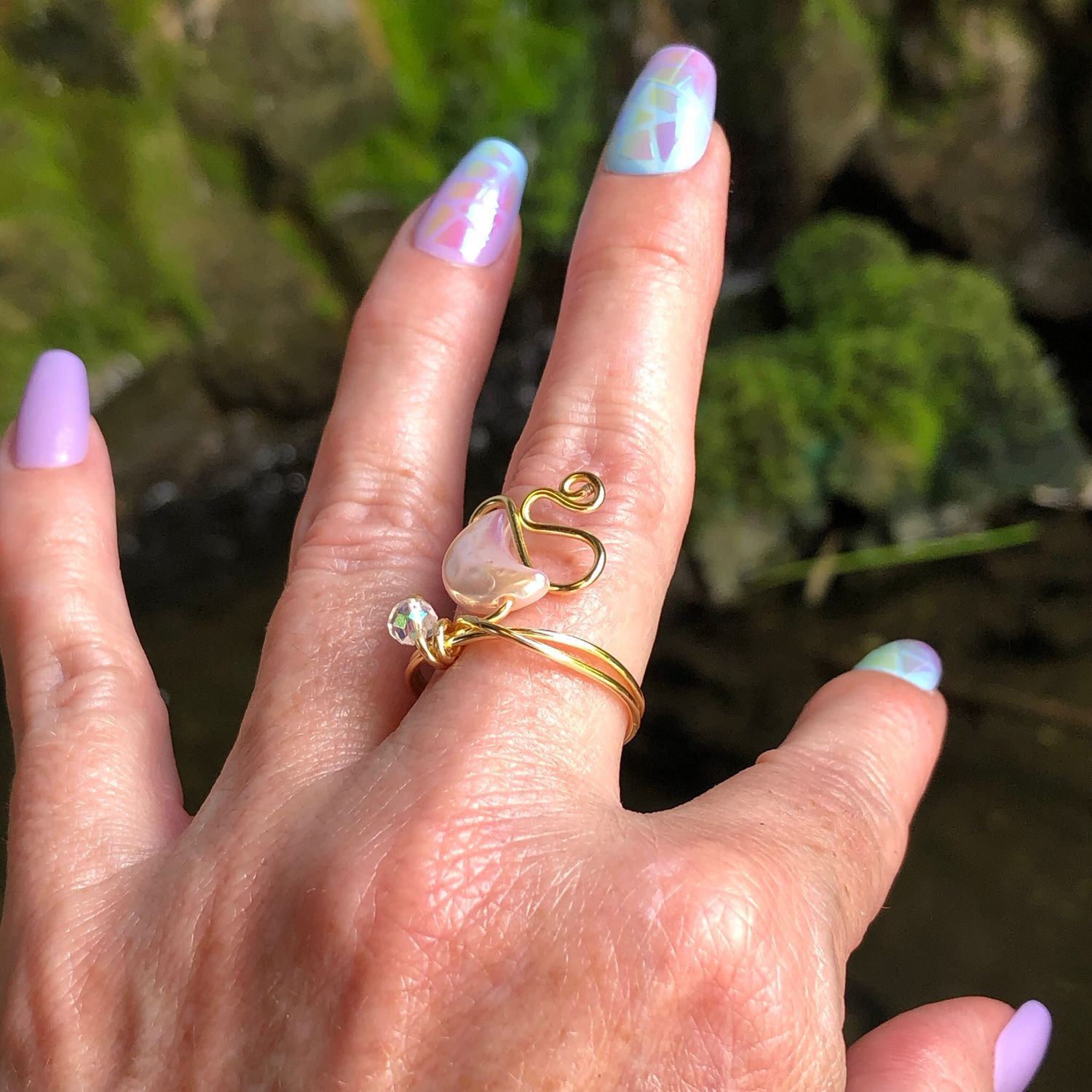 PINK CRESCENT MOON - Adjustable Ring - Gold Plated