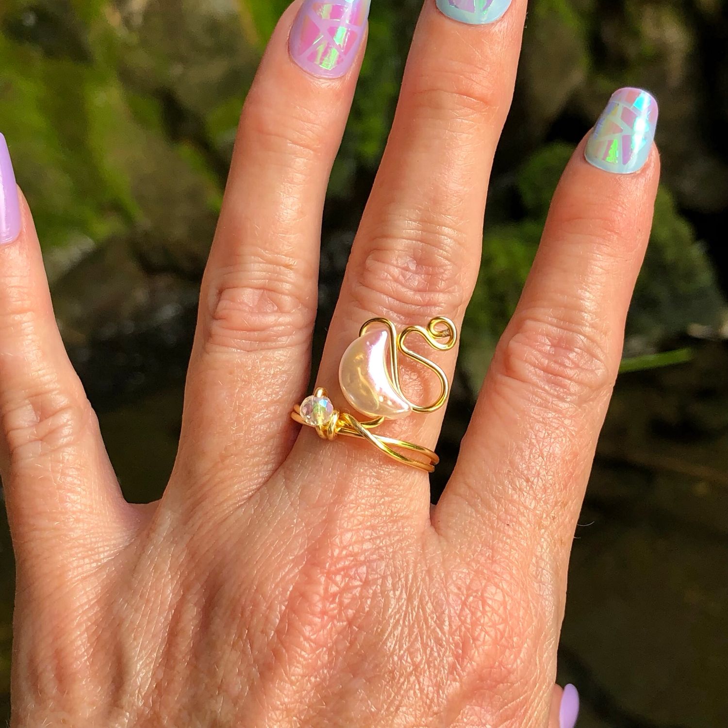 PINK CRESCENT MOON - Adjustable Ring - Gold Plated