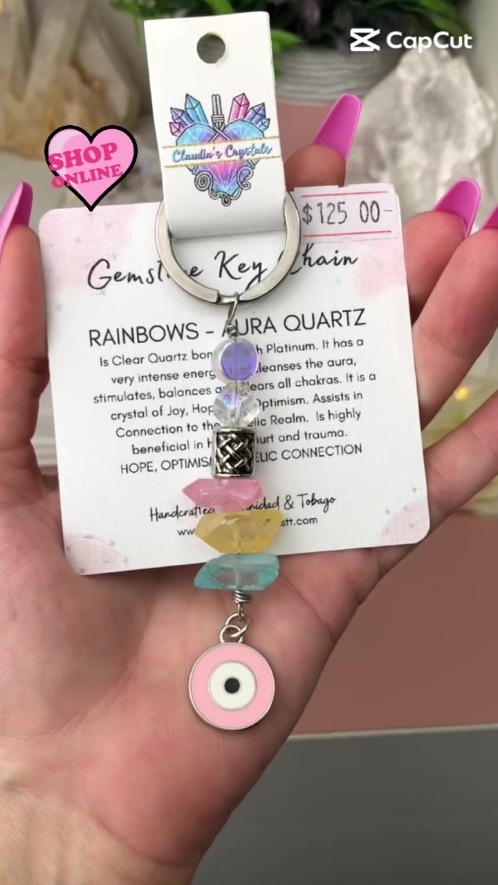 MIXED AURA QUARTZ &amp; PINK EVIL EYE - Gemstone Key Chain - Stainless Steel