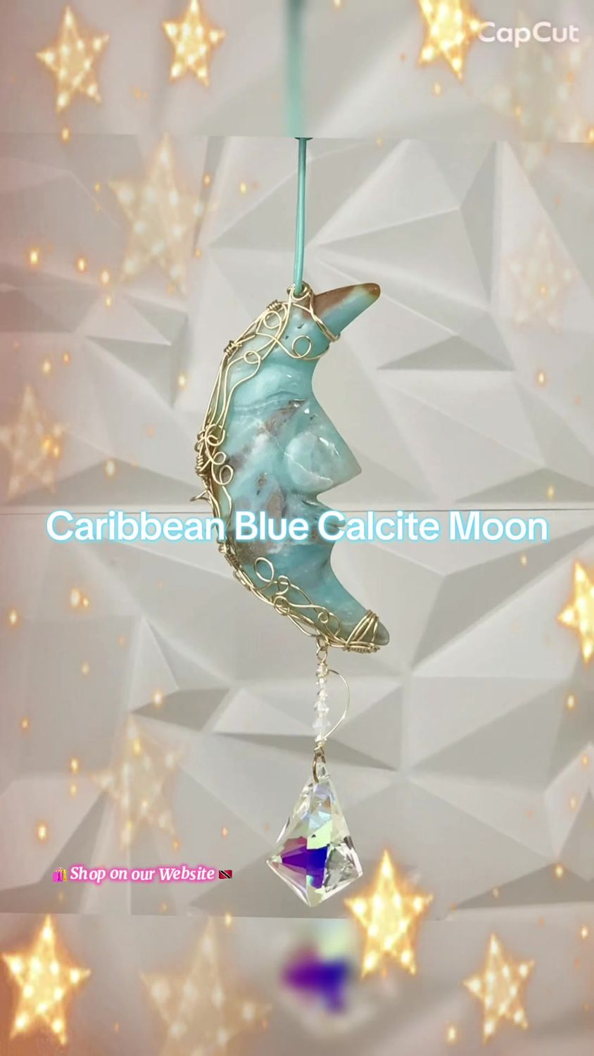 🌊 CARIBBEAN BLUE CALCITE MOON - Gemstone Light Catcher - Hand-wrapped In Gold Plated Wire