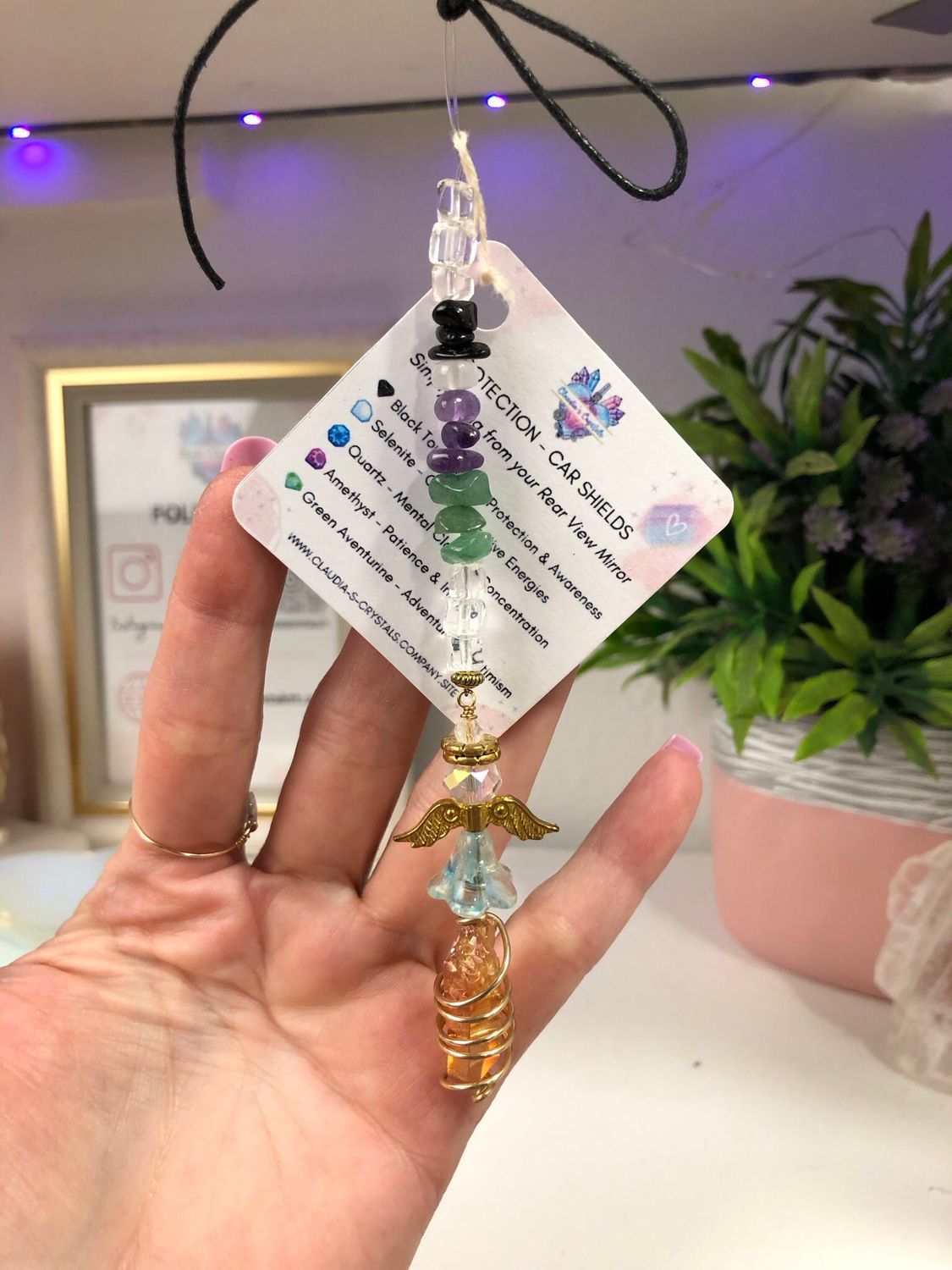 TANGERINE AURA QUARTZ POINT WITH ANGEL - Gold Plated Car Shield