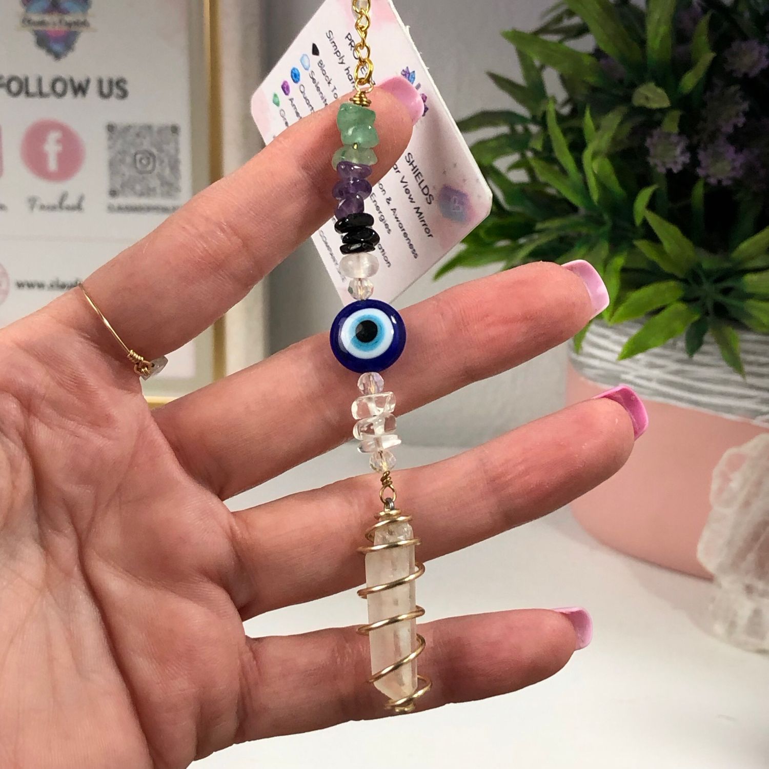 ANGEL AURA QUARTZ POINT &amp; EVIL EYE - Gold Plated Car Shield