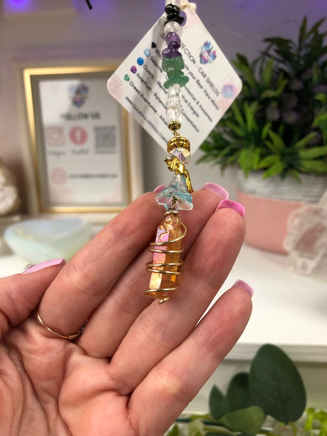 TANGERINE AURA QUARTZ POINT WITH ANGEL - Gold Plated Car Shield