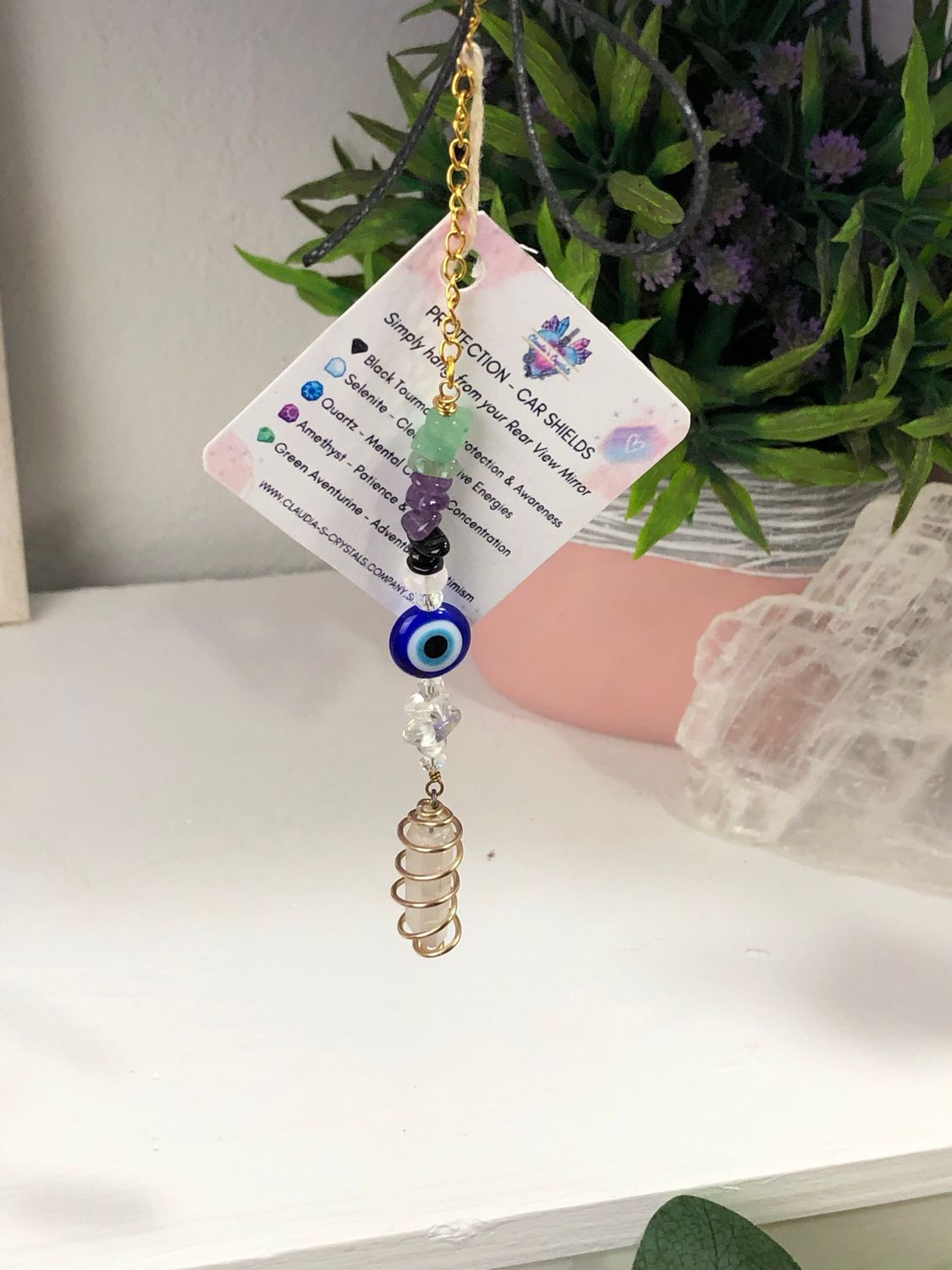 ANGEL AURA QUARTZ POINT &amp; EVIL EYE - Gold Plated Car Shield