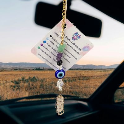 ANGEL AURA QUARTZ POINT &amp; EVIL EYE - Gold Plated Car Shield
