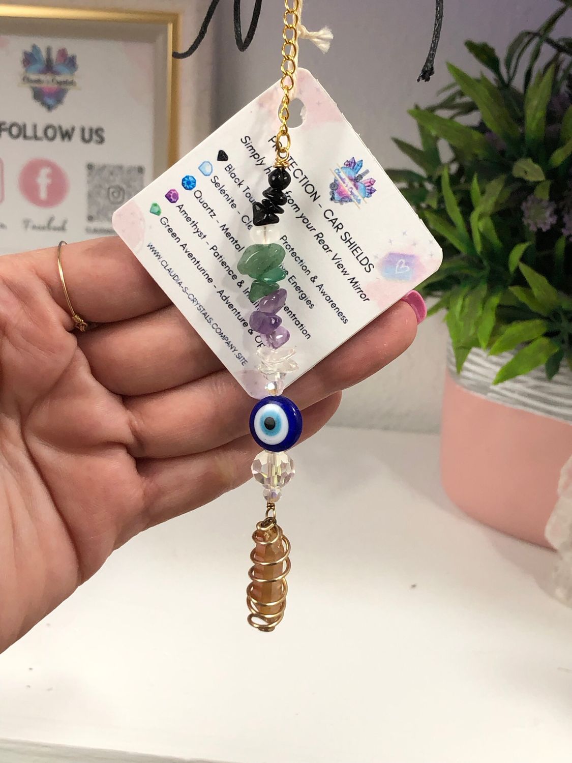 TANGERINE AURA QUARTZ & EVIL EYE - Gold Plated Car Shield TANGERINE AURA QUARTZ & EVIL EYE - Gold Plated Car Shield