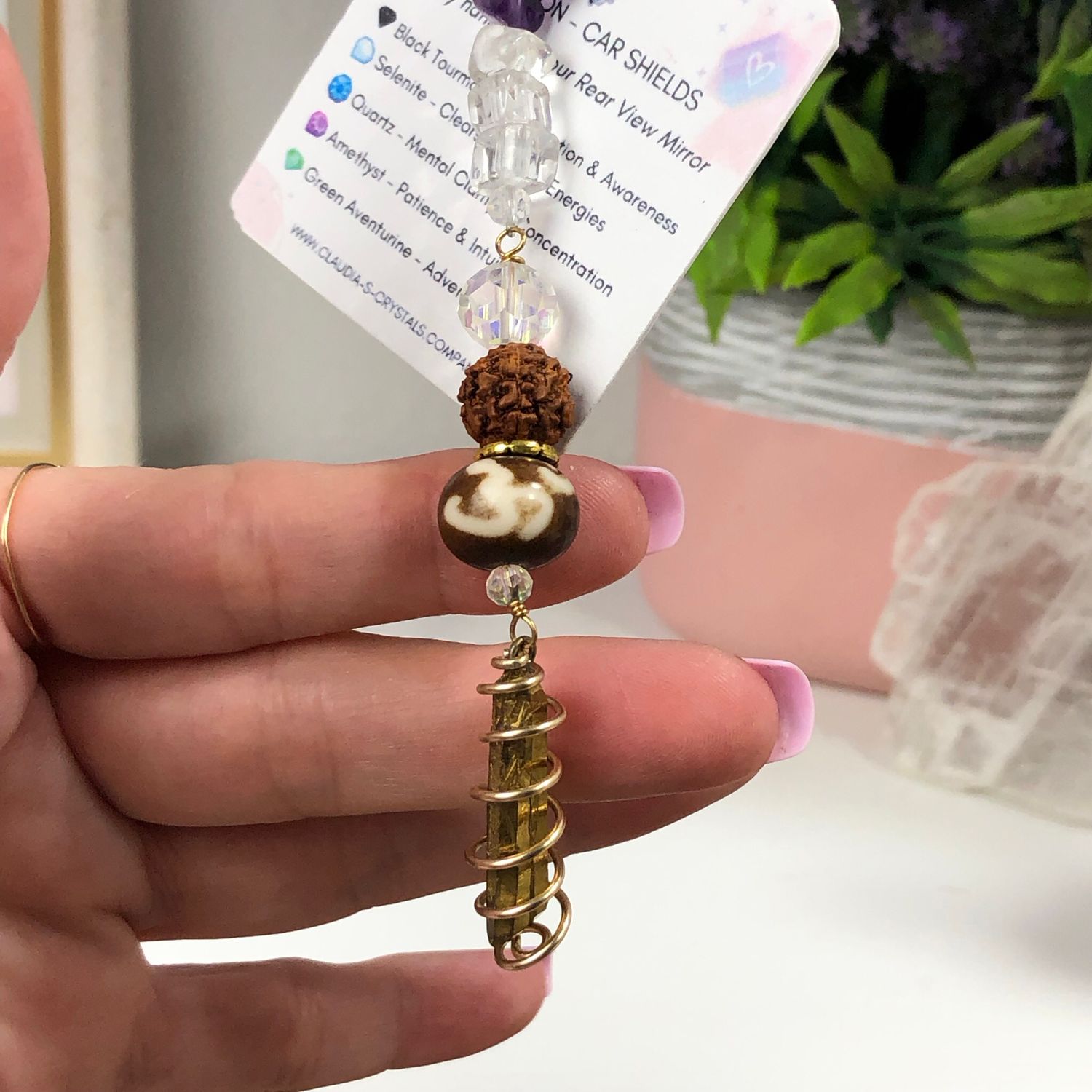 GOLD AURA QUARTZ POINT WITH OM SYMBOL - Car Shield