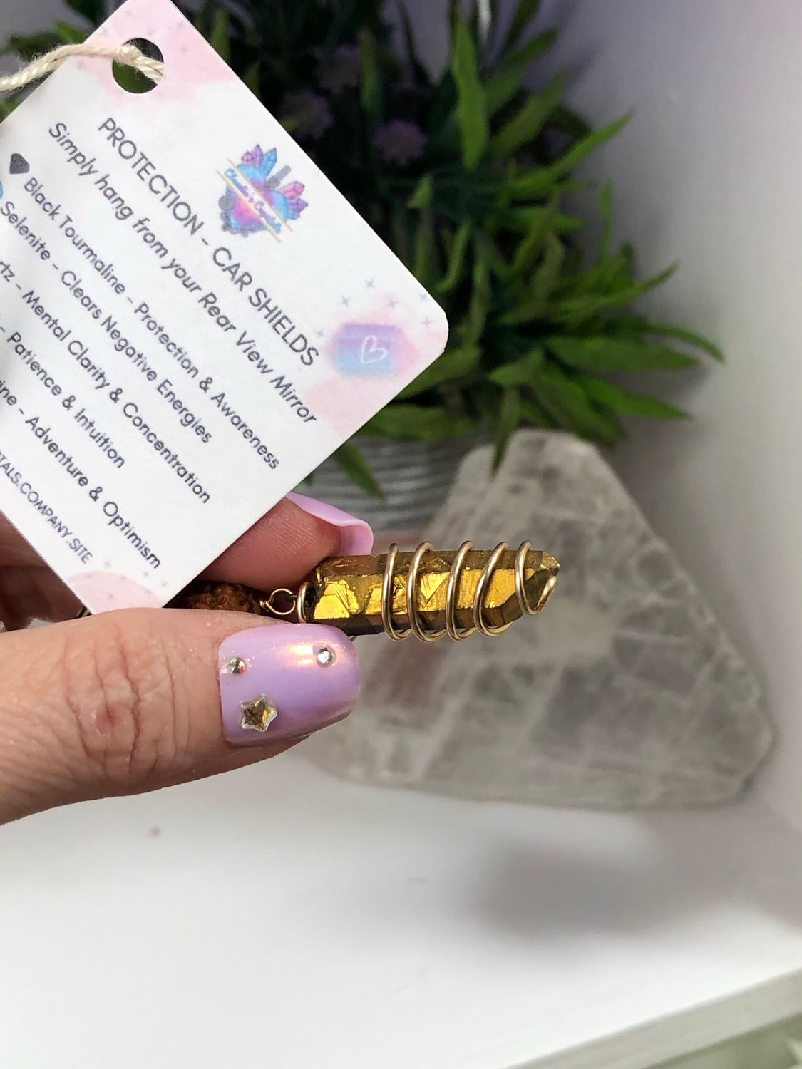 GOLD AURA QUARTZ POINT WITH RUDRAKSHA BEAD &amp; OM - Car Shield