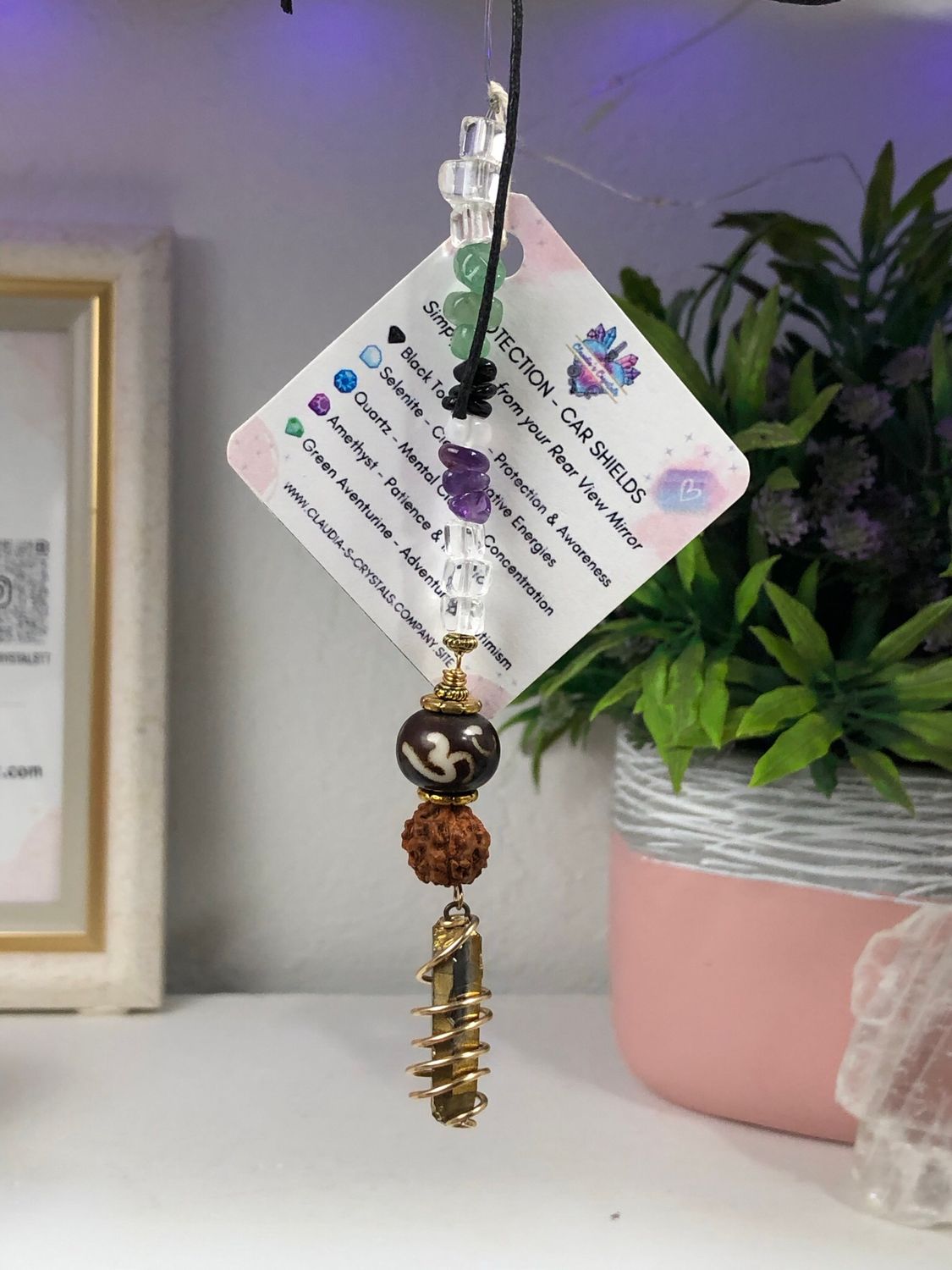 GOLD AURA QUARTZ POINT WITH RUDRAKSHA BEAD &amp; OM - Car Shield