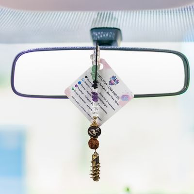 GOLD AURA QUARTZ POINT WITH RUDRAKSHA BEAD &amp; OM - Car Shield