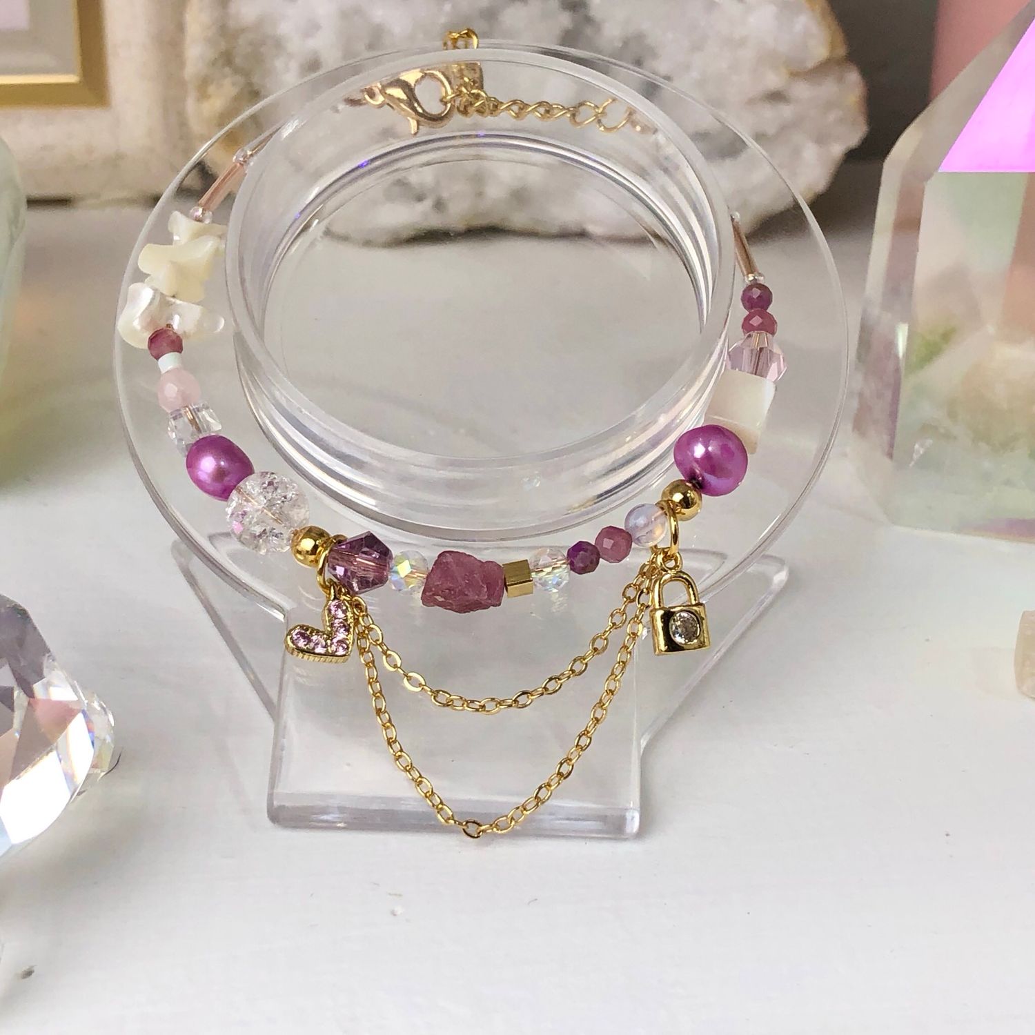 Pink Tourmaline - Dainty Bangle - Gold Plated