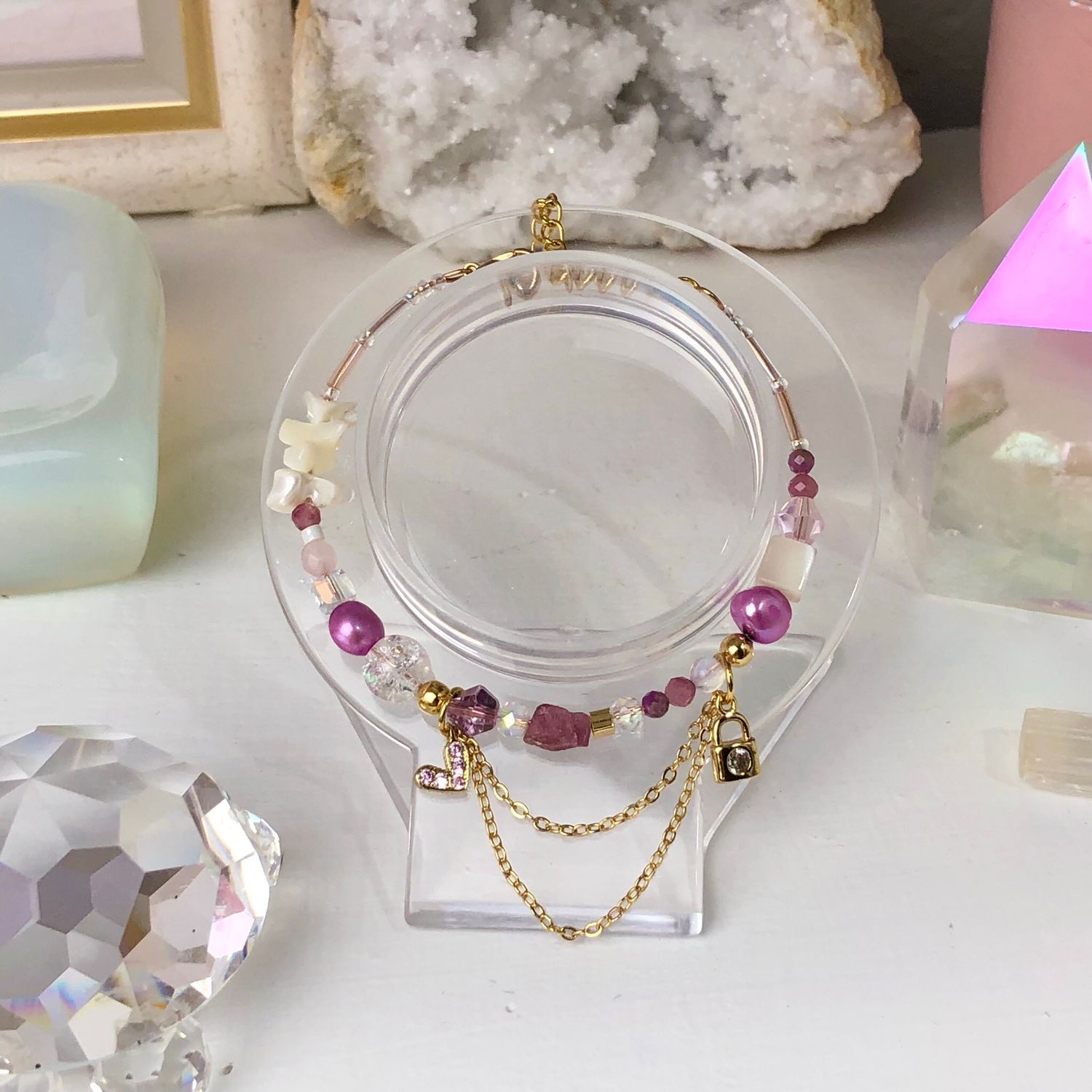 Pink Tourmaline - Dainty Bangle - Gold Plated