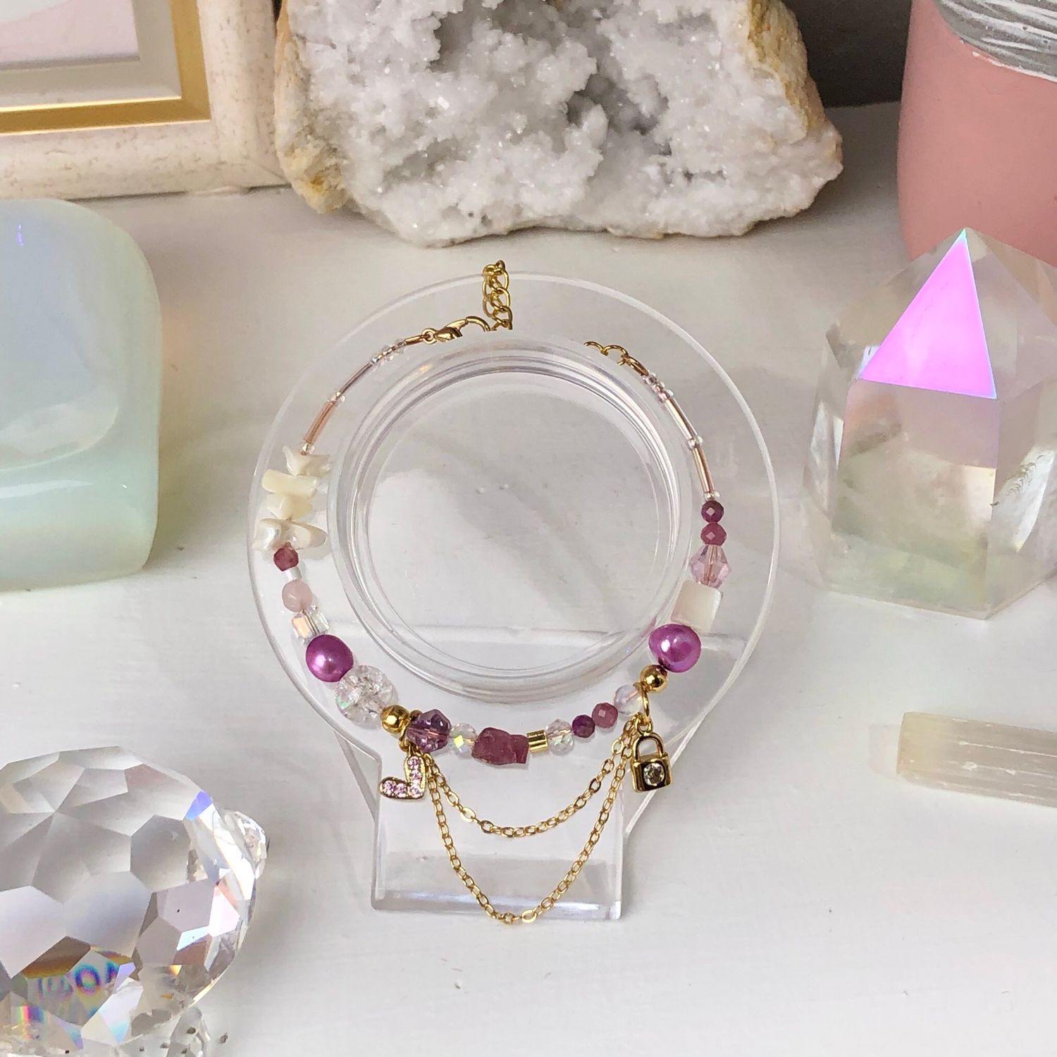 Pink Tourmaline - Dainty Bangle - Gold Plated