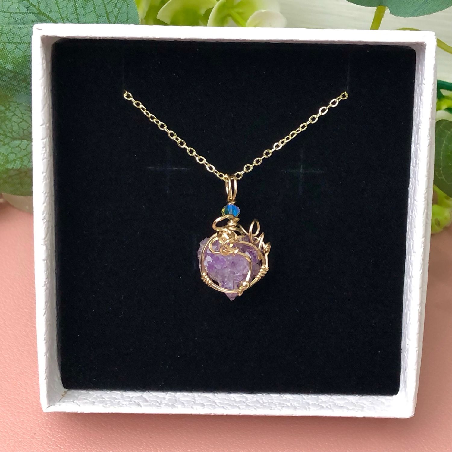 NATURAL AMETHYST FLORET - Crystal Therapy Pendant - 14k Gold Filled