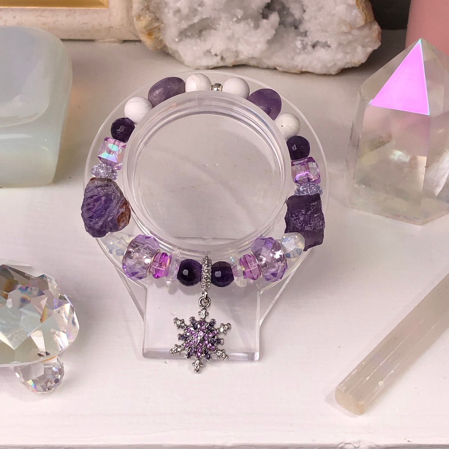 ​AMETHYST - Crystal Therapy Bracelet (with Snowflake Charm) – Stretch Style – 7.5”