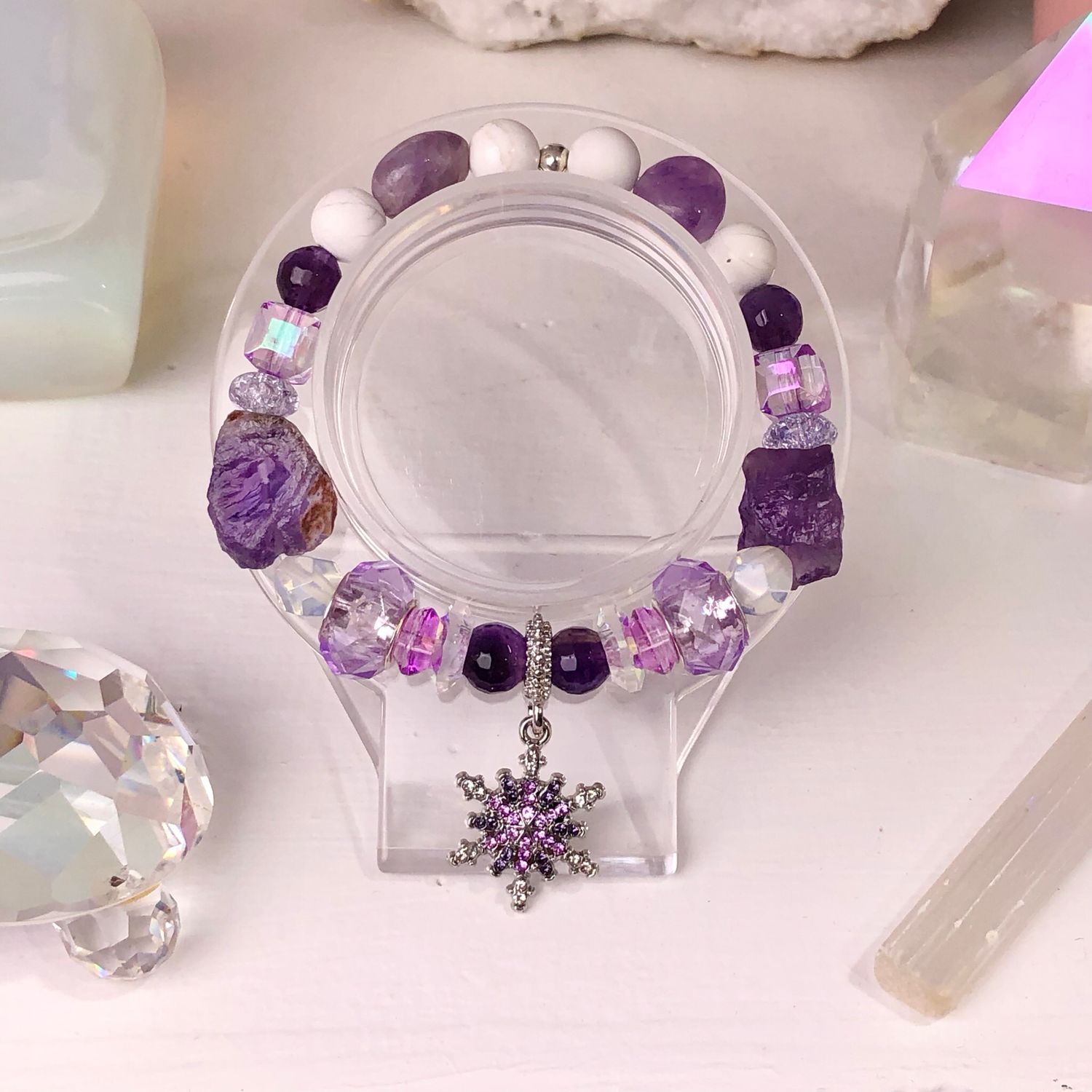 ​AMETHYST - Crystal Therapy Bracelet (with Snowflake Charm) – Stretch Style – 7.5”