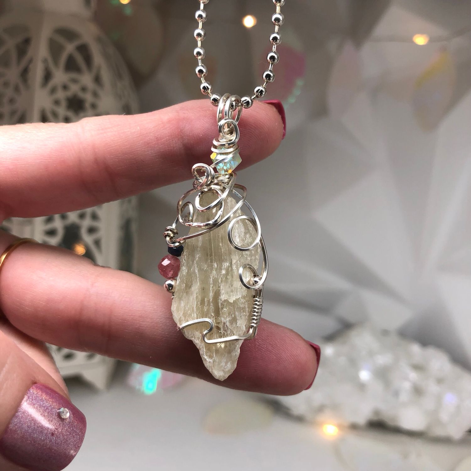 HIDDINITE, PINK TOURMALINE &amp; BLUE SAPPHIRE - Sterling Silver - Gemstone Crystal Therapy Pendant