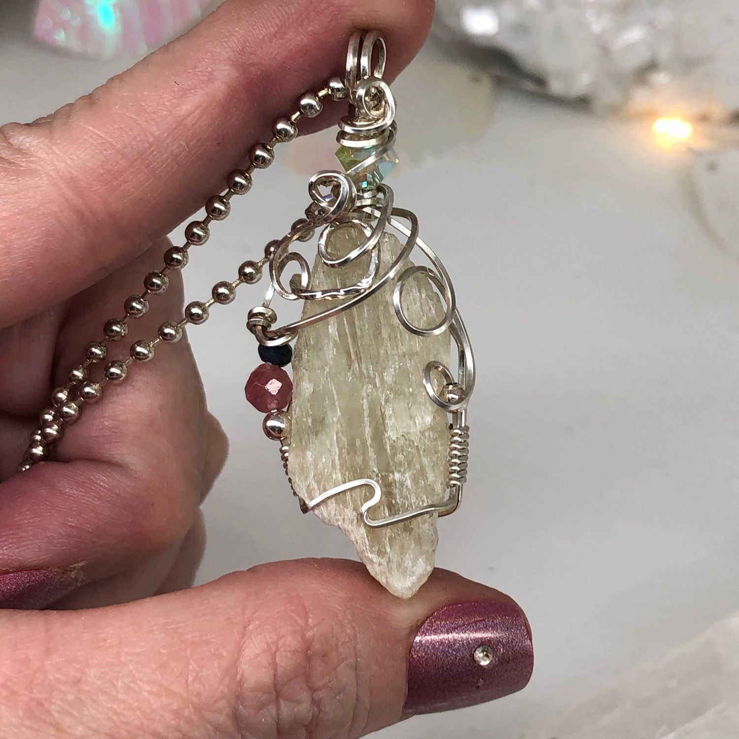 HIDDINITE, PINK TOURMALINE &amp; BLUE SAPPHIRE - Sterling Silver - Gemstone Crystal Therapy Pendant