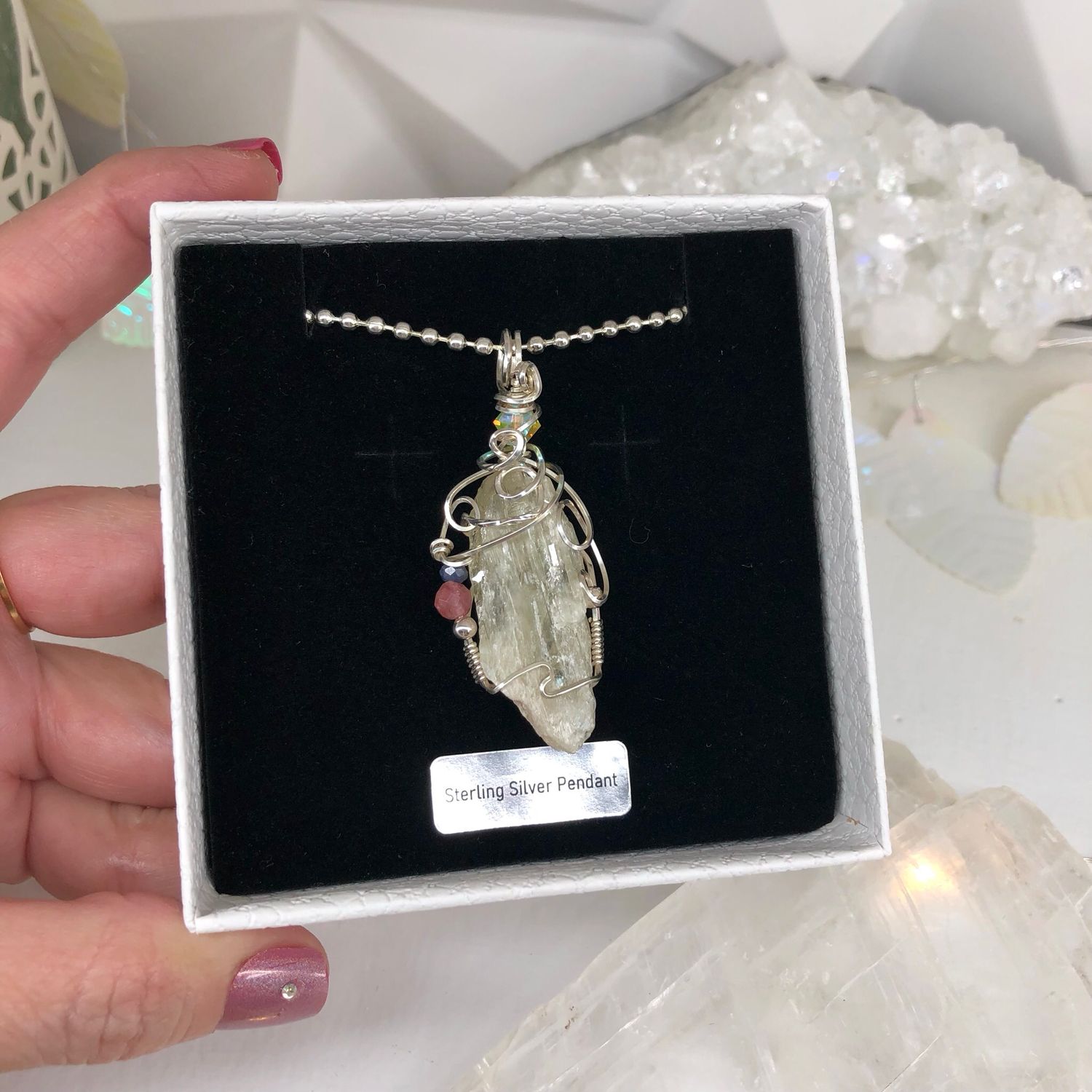 HIDDINITE, PINK TOURMALINE &amp; BLUE SAPPHIRE - Sterling Silver - Gemstone Crystal Therapy Pendant