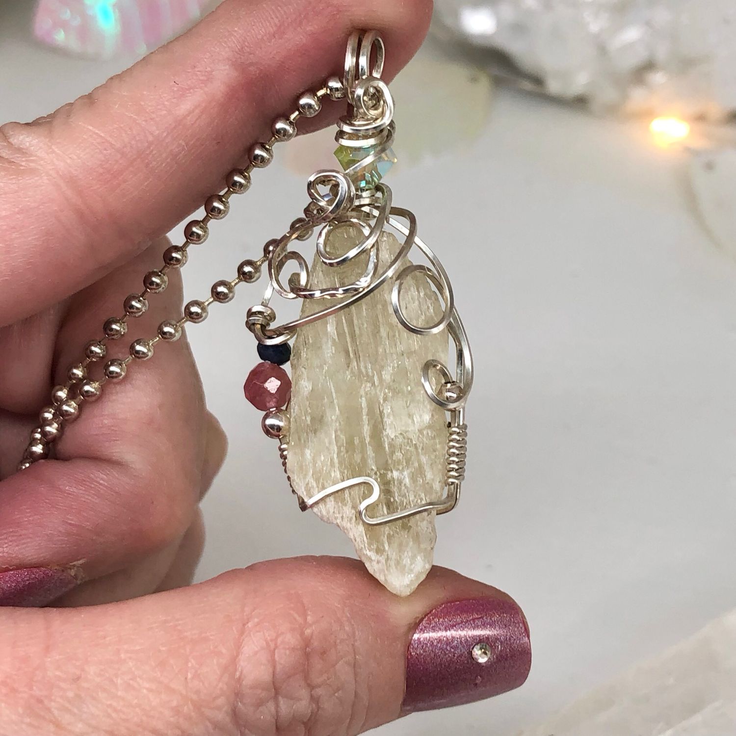 HIDDINITE, PINK TOURMALINE &amp; BLUE SAPPHIRE - Sterling Silver - Gemstone Crystal Therapy Pendant