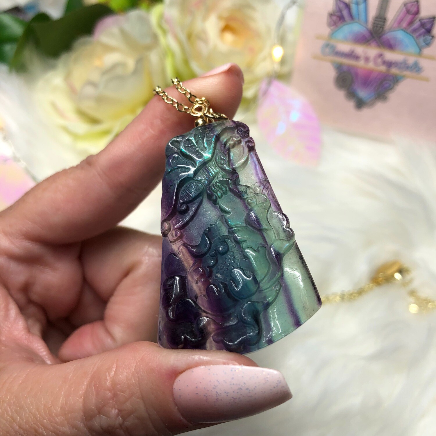 RAINBOW FLUORITE (Hand carved) - 14k Gold Filled - Gemstone Crystal Therapy Pendant