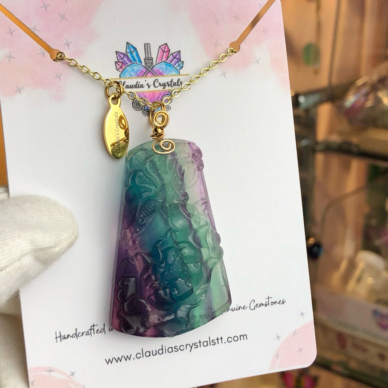 RAINBOW FLUORITE (Hand carved) - 14k Gold Filled - Gemstone Crystal Therapy Pendant