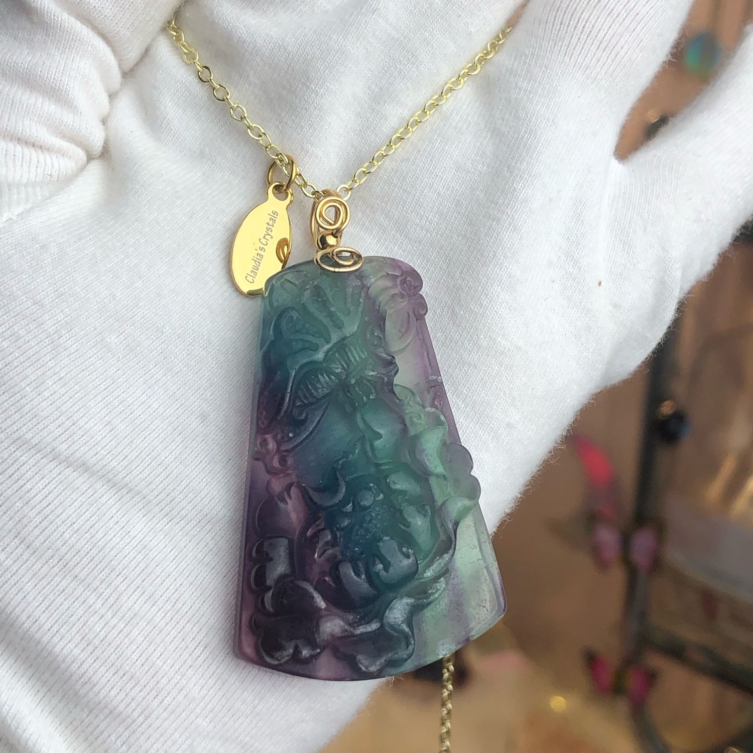 RAINBOW FLUORITE (Hand carved) - 14k Gold Filled - Gemstone Crystal Therapy Pendant