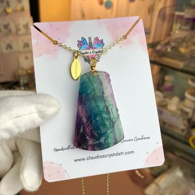 RAINBOW FLUORITE (Hand carved) - 14k Gold Filled - Gemstone Crystal Therapy Pendant