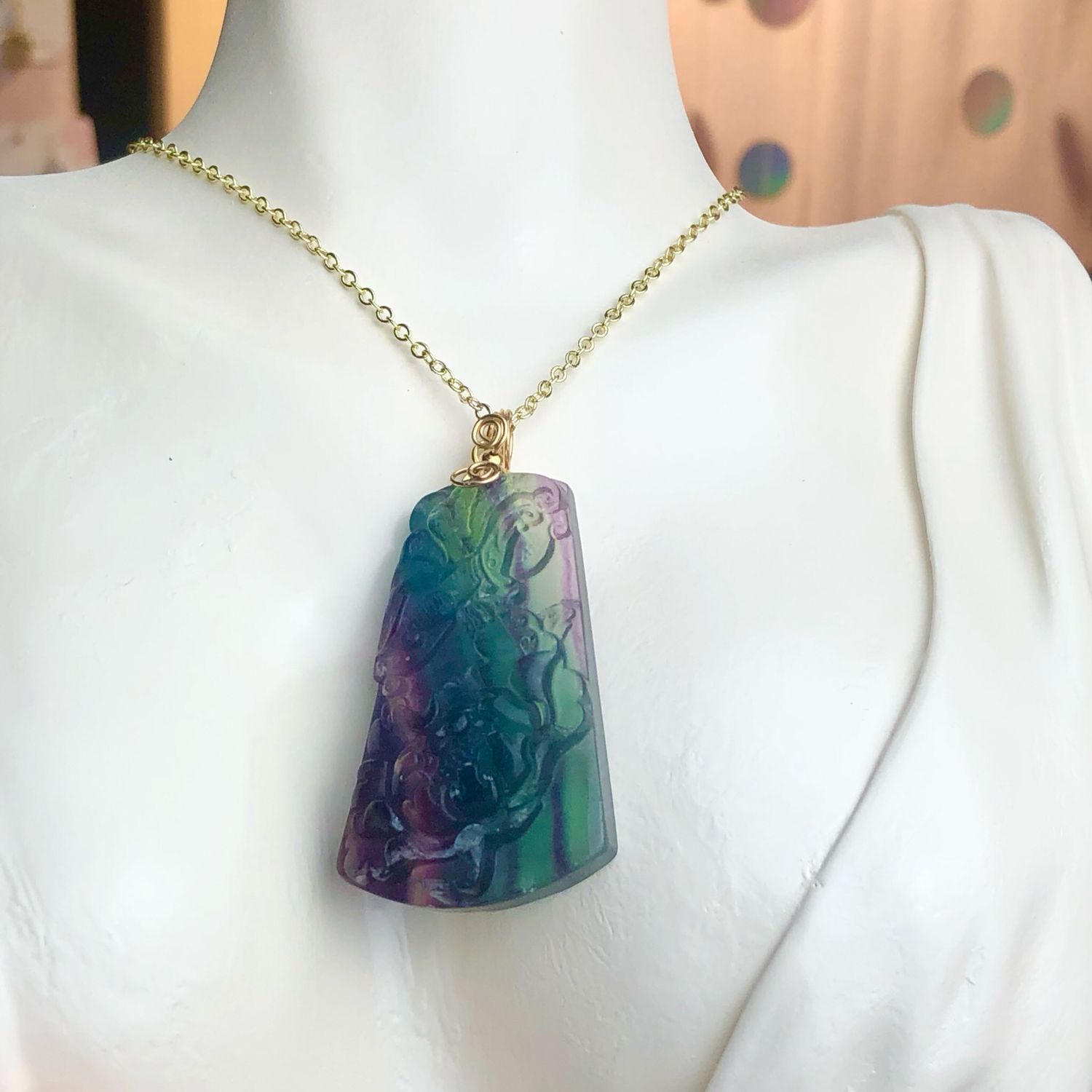 RAINBOW FLUORITE (Hand carved) - 14k Gold Filled - Gemstone Crystal Therapy Pendant