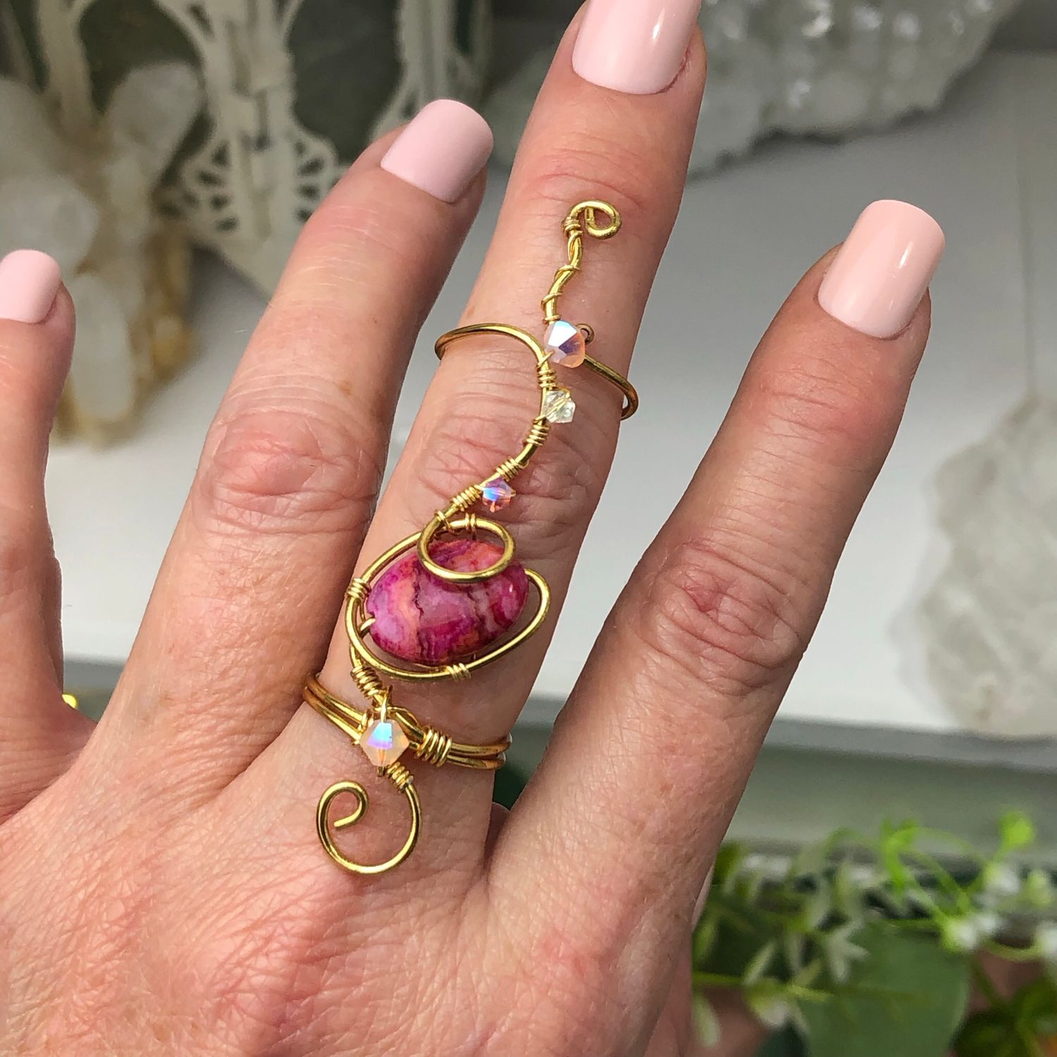 PINK CRAZY LACE AGATE RING - Adjustable Ring - Gold Plated