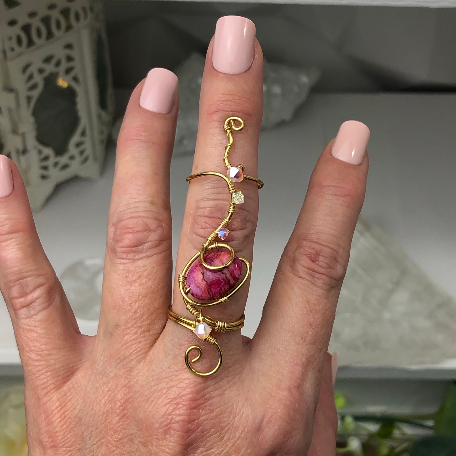 PINK CRAZY LACE AGATE RING - Adjustable Ring - Gold Plated