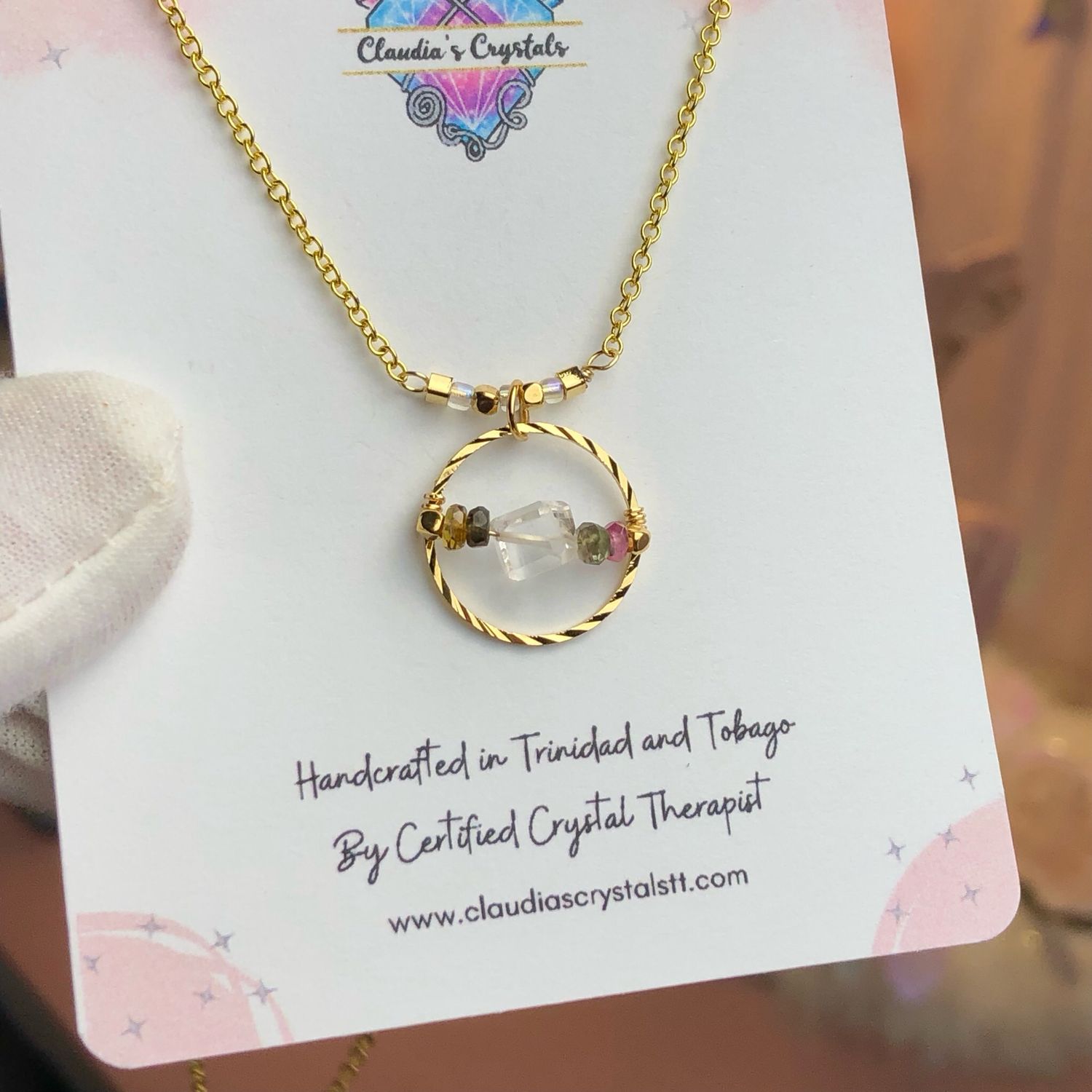 QUARTZ &amp; WATERMELON TOURMALINE - 18k Gold Plated - Crystal Therapy Pendant