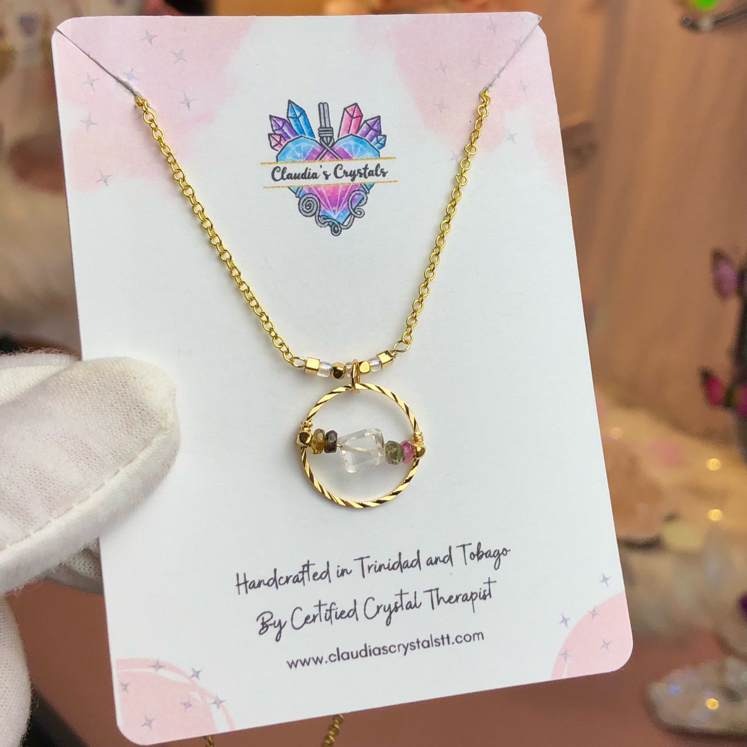 QUARTZ &amp; WATERMELON TOURMALINE - 18k Gold Plated - Crystal Therapy Pendant