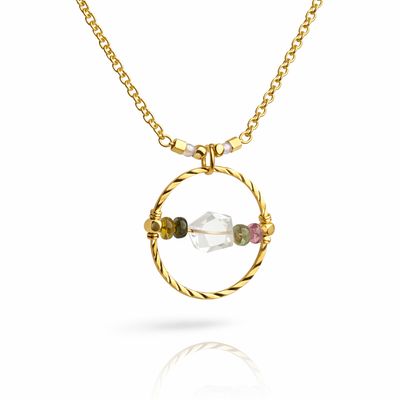 QUARTZ &amp; WATERMELON TOURMALINE - 18k Gold Plated - Crystal Therapy Pendant
