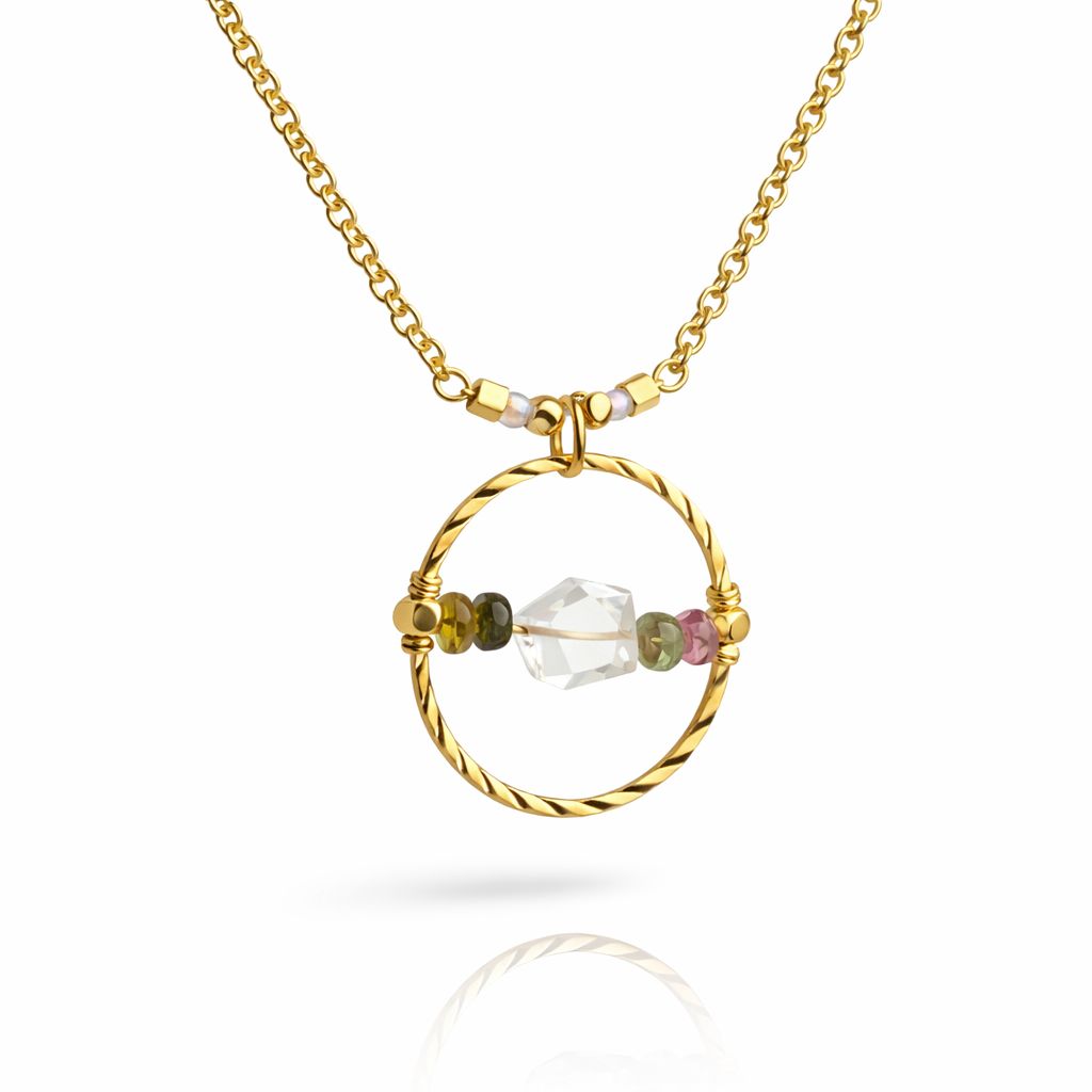 QUARTZ &amp; WATERMELON TOURMALINE - 18k Gold Plated - Crystal Therapy Pendant