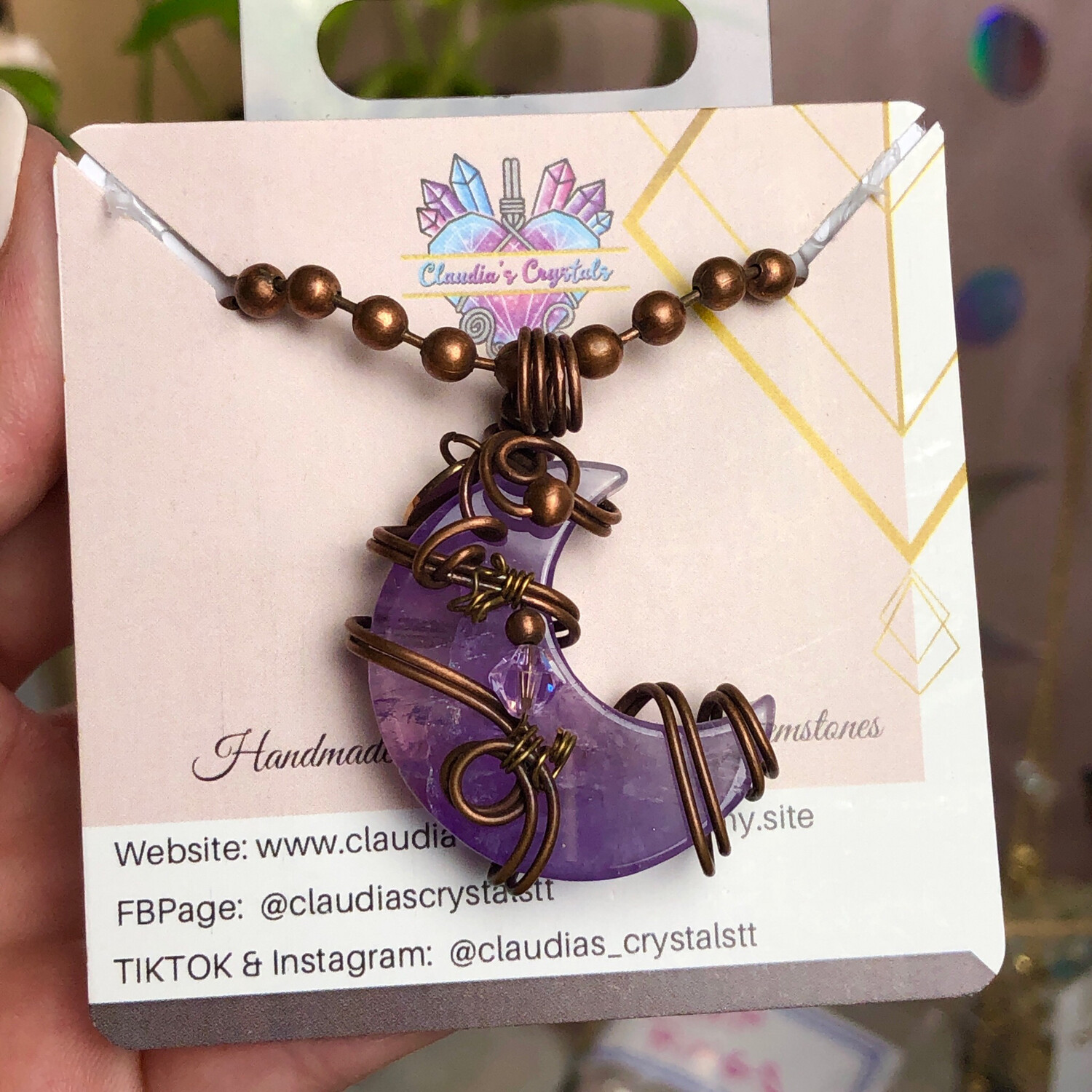 AMETHYST CRESCENT MOON PENDANT - Hand-wrapped with Copper Wire that is then Antiqued