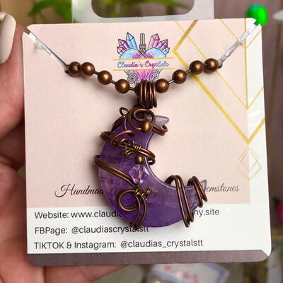 AMETHYST CRESCENT MOON PENDANT - Hand-wrapped with Copper Wire that is then Antiqued
