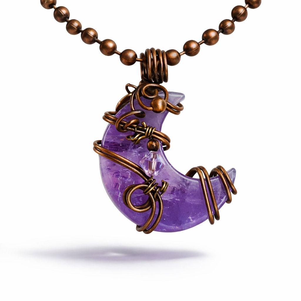 AMETHYST CRESCENT MOON PENDANT - Hand-wrapped with Copper Wire that is then Antiqued