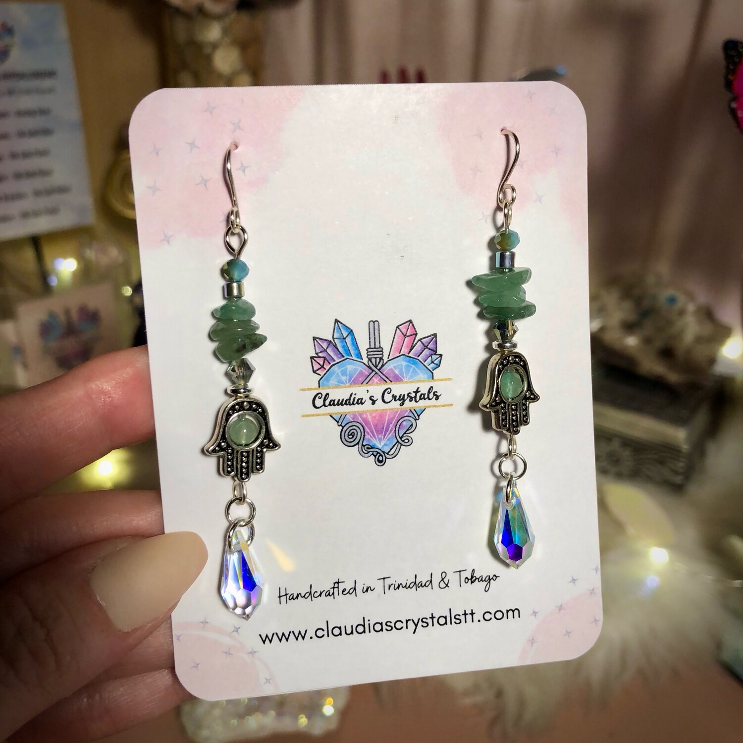 GREEN AVENTURINE - Hamsa Hand - Silver Plated - Gemstone Crystal Therapy Earrings