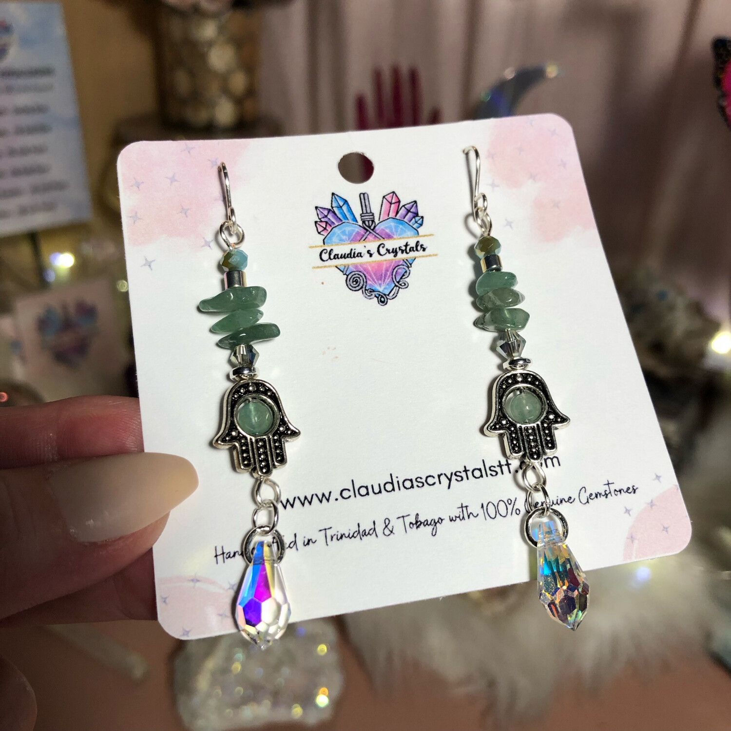 GREEN AVENTURINE - Hamsa Hand - Silver Plated - Gemstone Crystal Therapy Earrings