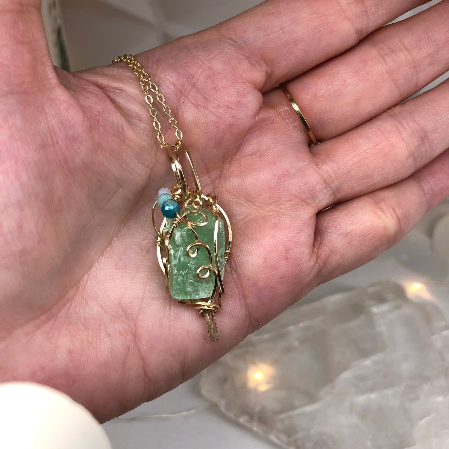 GREEN CALCITE (Raw) - 14k Gold Filled - Gemstone Crystal Therapy Pendant