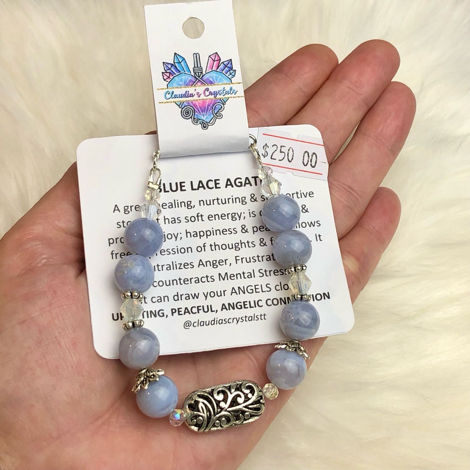 BLUE LACE AGATE - Gemstone Adjustable Bracelet - Silver Plated