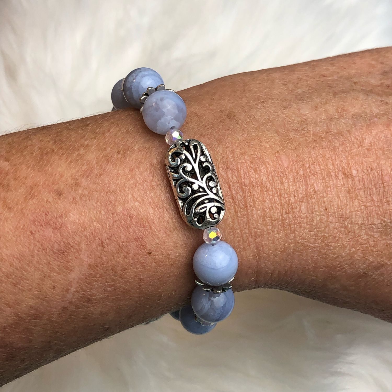 BLUE LACE AGATE - Gemstone Adjustable Bracelet - Silver Plated