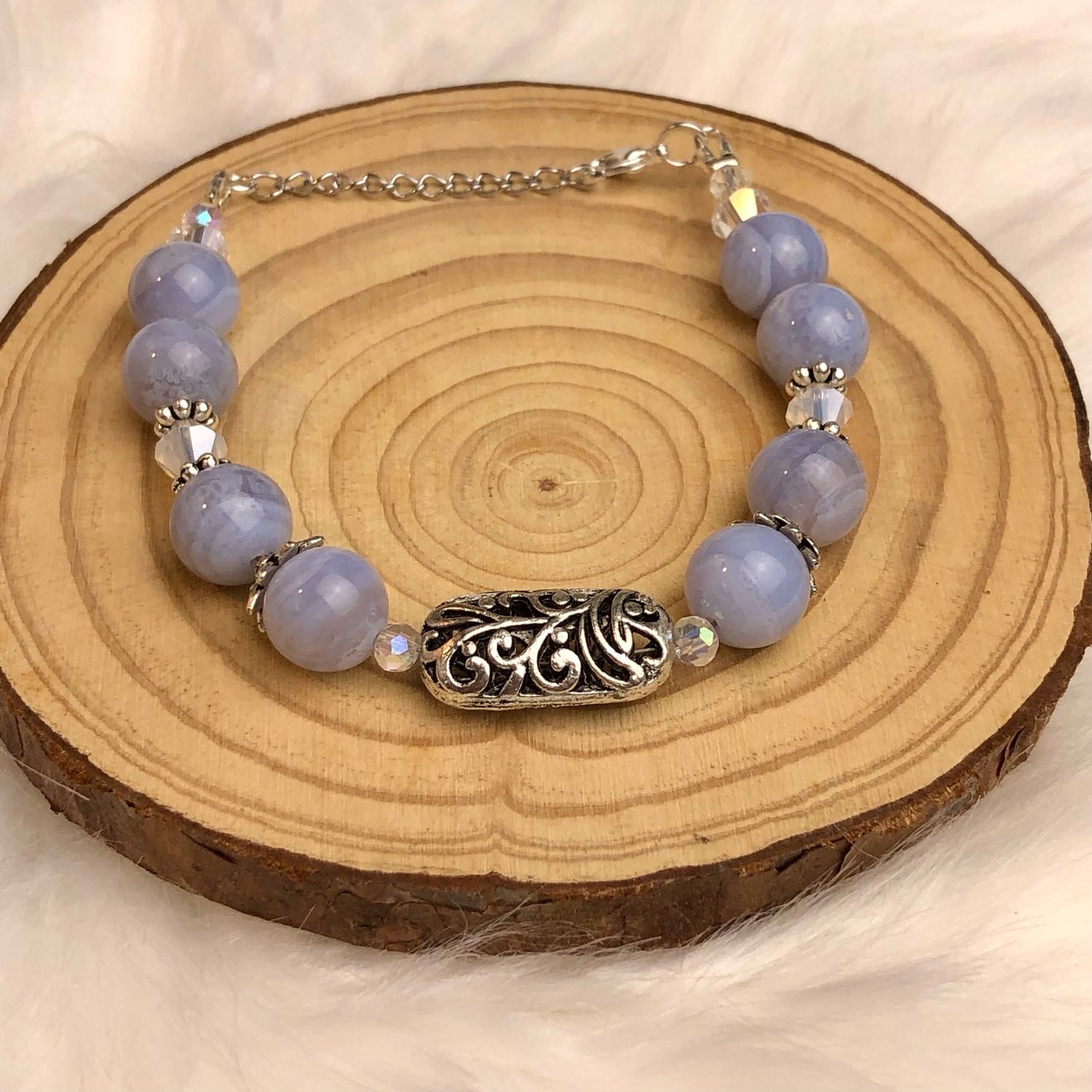 BLUE LACE AGATE - Gemstone Adjustable Bracelet - Silver Plated