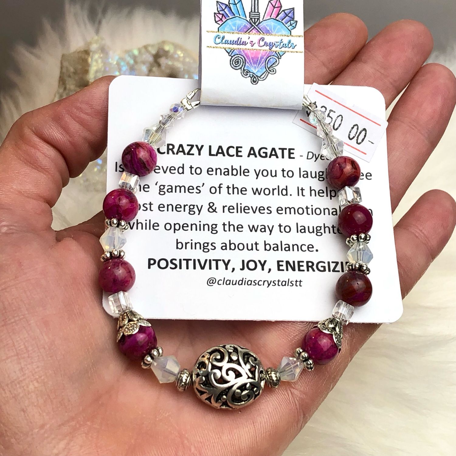 PINK CRAZY LACE AGATE - Gemstone Adjustable Bracelet